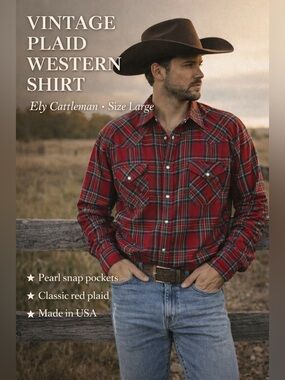 Vintage Ely Cattleman Red Plaid Pearl Snap Western Shirt | Men’s Large